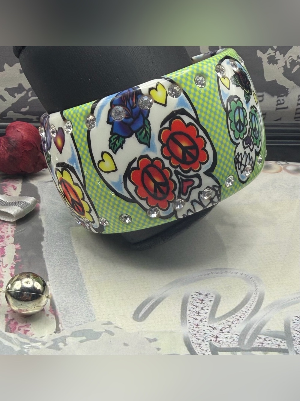 Dia De Los Muertos Green Sugar Skull Wide Cuff Bracelet with Crystal Accents